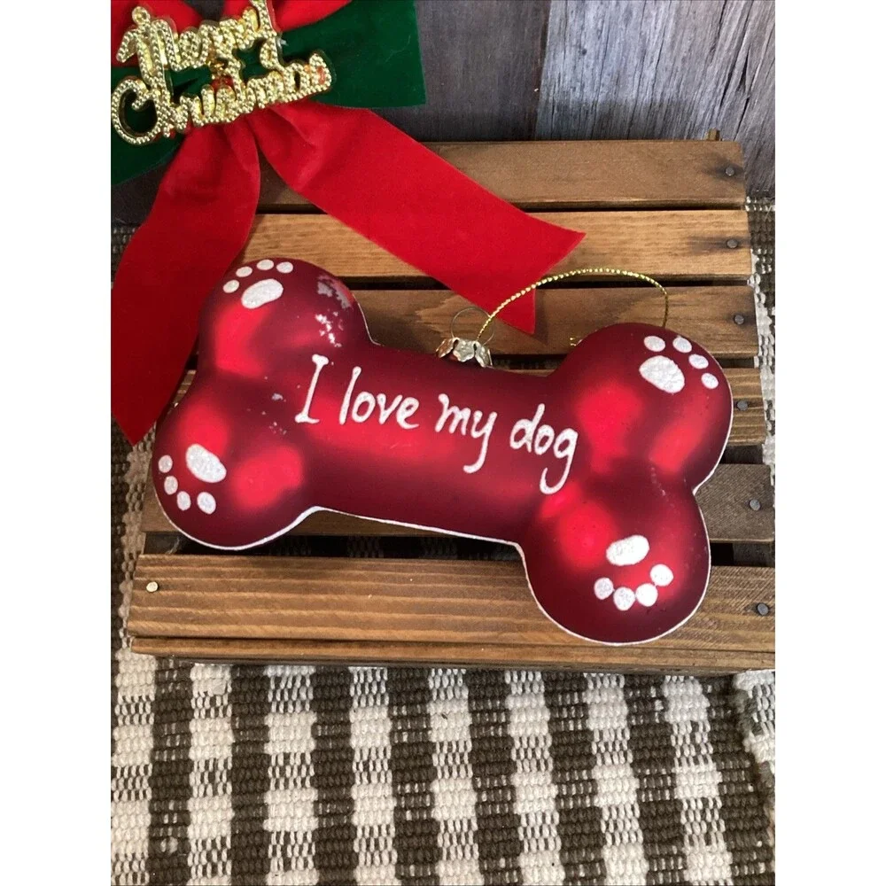 Charming Yorkie Hand Blown Glass Christmas Tree Ornament + I Love My Dog Bone